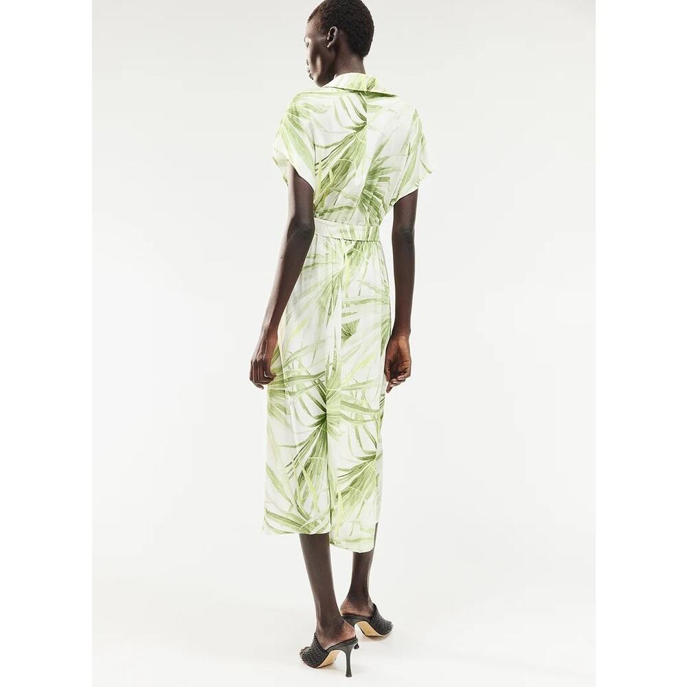 Large H&M Tropical Print Midi Dress Palm White Green Vacation Summer Party - Picture 5 of 14